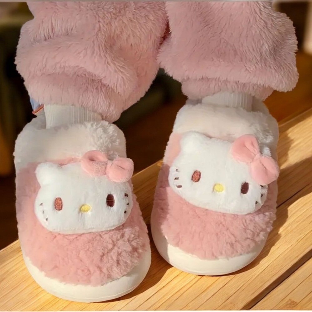🎀 Sanrio Hello Kitty Pink Plush Slippers - Coquette Kawaii Lounge - NIB